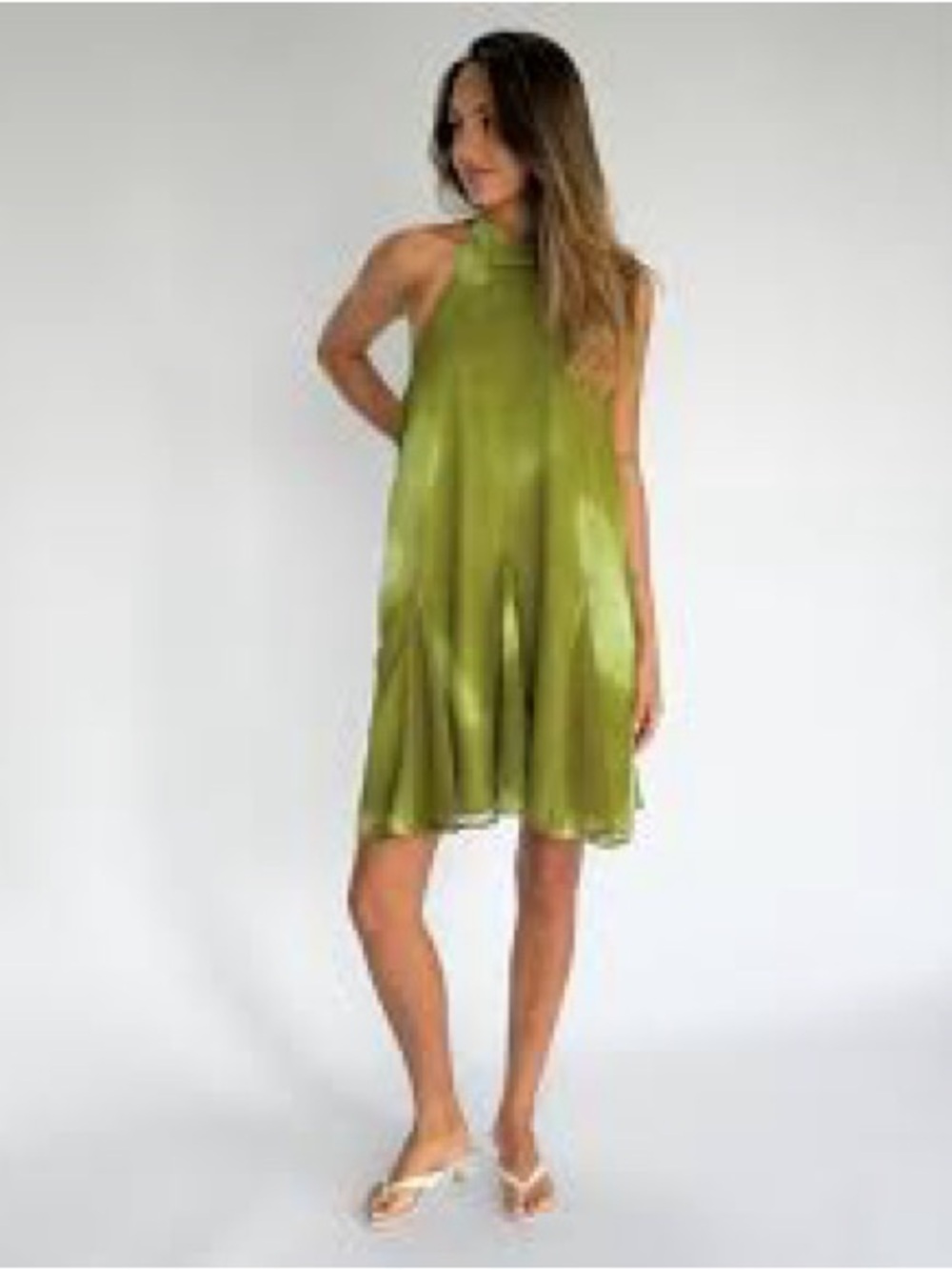 97% silk High-Neck Olive Green Satin Mini Dress 1211
